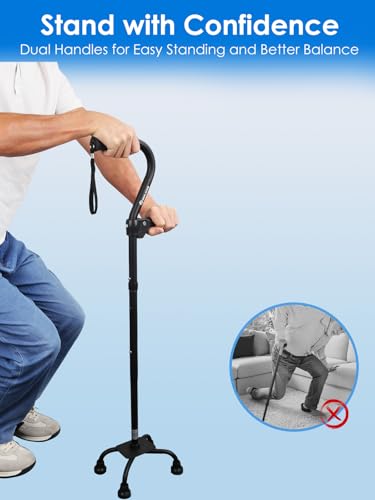 Image of WHLICKS Quad Cane for Stability, Adjustable Walking Cane for Women & Men with A Large 4 Pronged Base for Balance, 350lbs Heavy Duty Cane with 4 Legs & Second Handle, Walking Sticks for Seniors