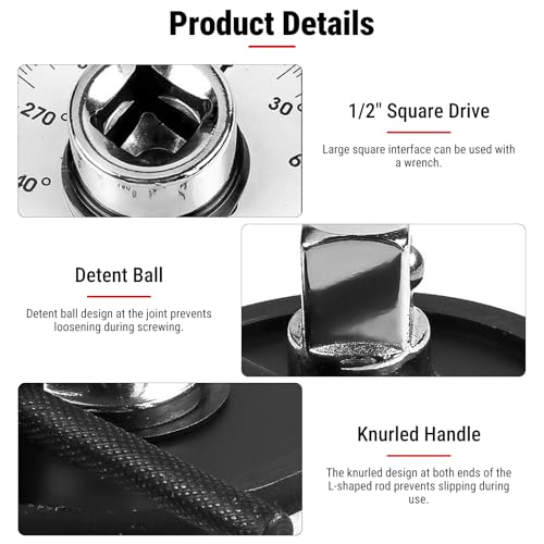 Uadme Drehwinkelmesser 1/2 Zoll, Auto Drehmomentmessgeräte, 360-Grad-Winkel Drehmoment Winkelmessgerät mit Verstellbarer Arm für Montage von Autoschrauben und Muttern (Silber)