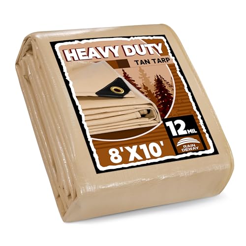 RAINDEWAY 8x10 Feet Heavy Duty Tarp,12 Mil Tan Waterproof Poly Tarp Cover,UV Resistant,Weatherproof,Durable,Multipurpose Tarps with Grommets and Reinforced Edges
