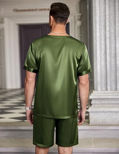 Image of Ekouaer Mens Pajamas Set Silk Satin Pjs Sets Summer Short Sleeve Button Down Sleepwear 2 Piece Loungewear with Pockets