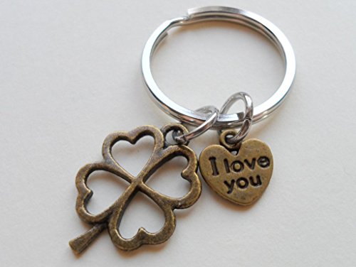 I Love You Heart Charm With Bronze Four Leaf Clover Keychain - Lucky To Have You #TOP2