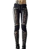 SOMTHRON Women's Lace Up PU Leather Pants Skinny Leggings Hollow Out Bandage Gothic Punk Studded Tight Pants BL-L Black