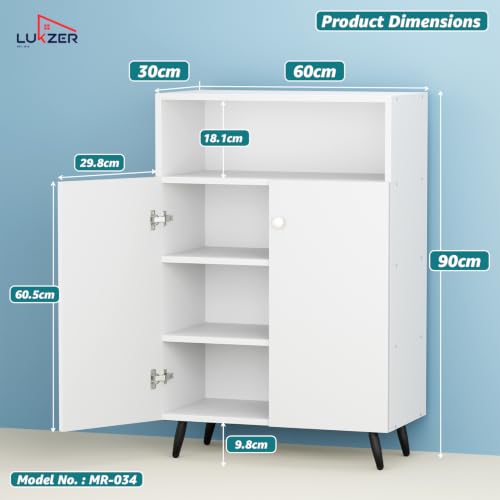 Image of Lukzer Wooden Book Shelf & Storage Cabinet with White Doors (MR-034 /White) Engineered Wood Bookshelf for Home, Bedroom, Office & Kitchen, Multipurpose Books Organizer & Display Rack (90x30x60 cm)