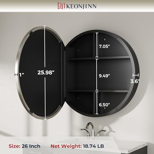 Image of Keonjinn 26 Inch Round Brushed Nickel Medicine Cabinet Mirror for Bathroom