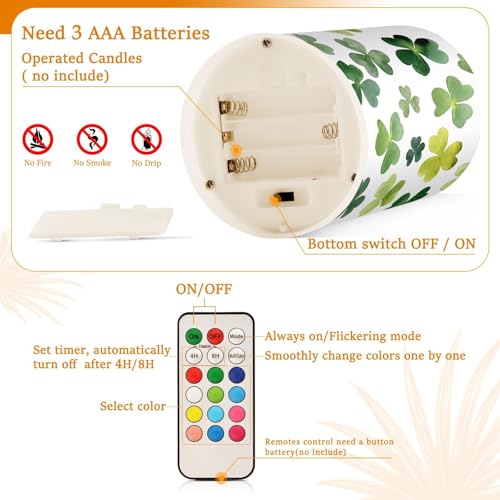 Image of St. Patrick's Day Lights Flameless Candles Patrick's Day Green Shamrock Leaves Pillar Candles Set of 2 Battery Operated Remote Control Warm Lights Home Decor