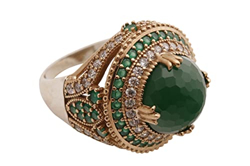 Turkish Ottoman Style Sultan's Collection Jewelry Round Shape Emerald and Round Cut Topaz 925 Sterling Silver Ring Size All