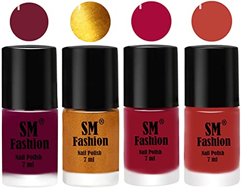 Image of Nail Polish Combo Set (Pack of 4) Quick Dry Gel Finish Nail Paint | Mulberry,Golden,Raspberry,Dark Nude | 7 ml Each