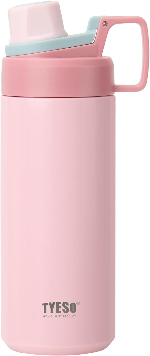 TYESO Insulated Stainless Steel Water Bottle With Spout Lid and Handle for Sports, Vacuum Insulated Sports Bottle with Easy-grip Handle, Leak-Proof (PINK, 20 OZ)