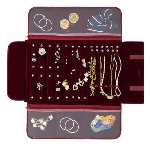 Image of UnionPlus Travel Jewelry Roll Organizer Multiple Compartments, Burgundy