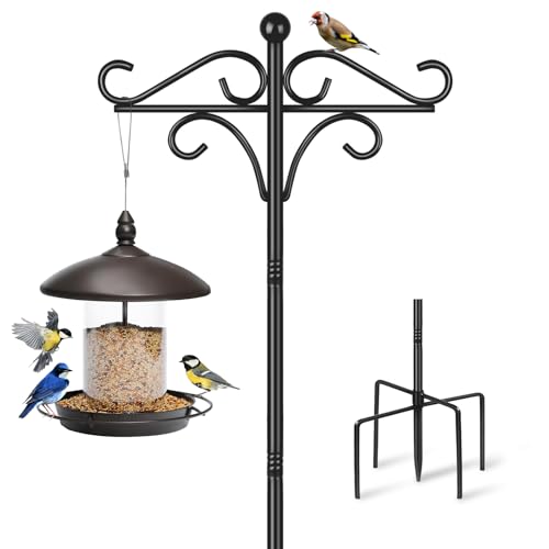 Bird Feeder Pole Stand, 195cm Approx.2m Adjustable Feeding Station Hanging with 2 Hook, Heavy Duty Freestanding Double Shepherd Crook for Outdoor Garden Light Lantern Plant Metal Hanger, Black