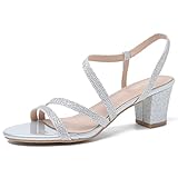 fereshte Women's Heeled Sandals Slip On Open Toe Low Block Heels Strappy Sandals Glitter Silver 45 -