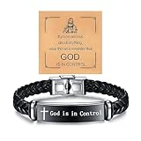 ROYNRAU God is in Control Bracelet for Men Women, Inspirational Braided Leather God Cross Engraved Bar Bracelets Stainless Steel Motivational Encouragement Jewelry Gift for Easter Birthday (Black)