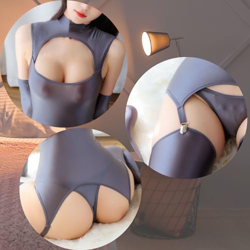 レオタード セクシー 過激 透け ハイネック 光沢 シースルー セット コスプレ ニーハイ ボディースーツ ボディタイツ 谷間 長袖 伸縮性 大きいサイズ - 画像4