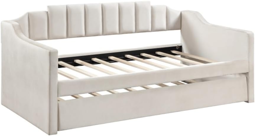 Beige Velvet Daybed with Trundle Upholstered Tufted Sofa Bed, Both Twin Size for Indoor Living Room Furniture