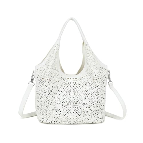 Image of Women’s Laser Cut Hobo Shoulder Tote Bag with Removable Strap & Inner Pouch – Large Synthetic Handbag with Silver Tone Hardware (White)