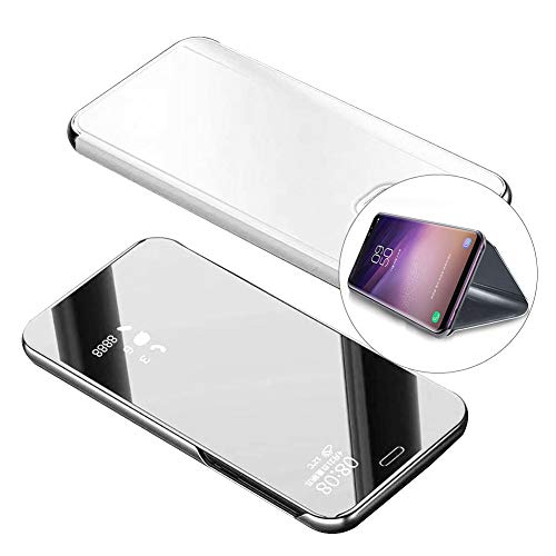 Samsung Galaxy A6 2018 Spiegel Ledertasche Hülle klapphülle Silber Brieftasche Schutzhülle Handyhülle Durchsichtig Clear View Flip Mirror Case Stoßdämpfend Standfunktion Magnetverschluß Handytasche Cover