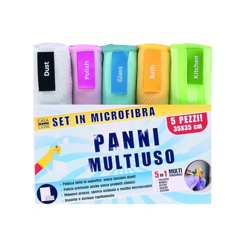 LA CASA DELLE COSE 5 panni microfibra, 5 SUPER POTERI diversi: Polvere, Cucina, Bagno, Vetri e Mobili 35x35 cm
