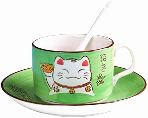 EatingBiting 5 Colors Handcraft Lucky Cat Maneki Neko Ceramic Tea Cups Mugs Dish Spoon 3PCs (blue)