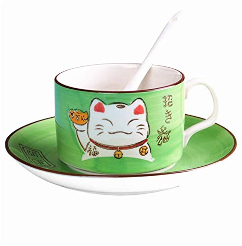 EatingBiting 5 Colors Handcraft Lucky Cat Maneki Neko Ceramic Tea Cups Mugs Dish Spoon 3PCs (green)