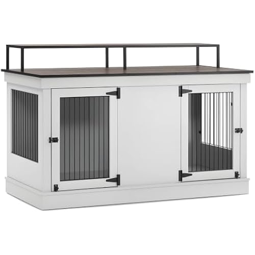 MCombo 57" Furniture Style Dog Crate, Wooden Dog Kennel TV Stand for 2 Medium Dogs, Large Dog Cage with 2 Doors, Indoor Pet Crate End Table with Locks, 1861 (Light Grey)