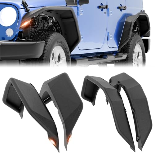 EYOUHZ for Wrangler JK Tubular Front and Rear Fender Flares with Turn Signal Lights Compatible with 2007-2018 Jeep Wrangler JK JKU Unlimited 2/4 Doors, 4-PCS Steel Tube Mud Guard Off-Road Wheel Fender