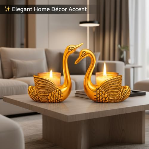 Image of Kalakriti Golden Swan Pair Candle Holder Showpiece for Home Decoration and Good Luck | Aluminium Swans Couple Idol for Anniversary Valentine Wedding Gift & Living Room Decor (Candles not Included)