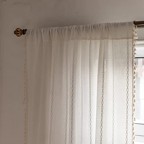2 Pannels Boho Farmhouse Curtains For Bedroom Living Room Semi Blackout Striped Curtains Cotton Linen Window Curtain Panel, Bohemian Chic Tassel Curtain Drapes, 55" W X 63" L,White #TOP6