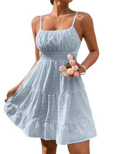 Image of Floerns Women's Swiss Dots Sleeveless Ruched Bust Ruffle Hem Cami Short Dress