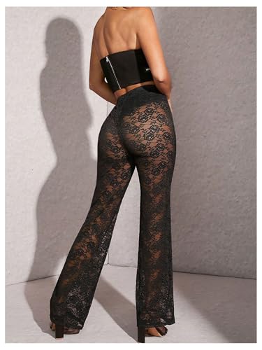 Milumia Women's Floral Lace Elastic High Waist Pants Sexy See Through Straight Leg Trousers3