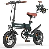 ESKUTE E Bike Herren F200, 14 Zoll Klapprad Elektrofahrrad, 36V 7.8Ah Akku Lange Reichweite bis 35-50KM, Mini Faltbike mit Handyhalterung & USB-Ladeanschluss, E-Mountainbike, Dunkelgrün