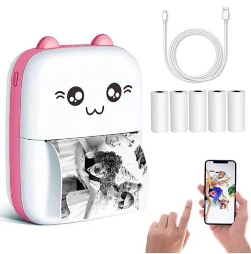 Image of Wireless Mini Printer Portable, Inkless Sticker Printer with 5 Rolls Paper,Bluetooth Thermal Printer Compatible with iOS + Android for Memo,Photo, Print Pod Best Gifts (Model-2)