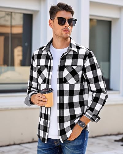 Image of WARHORSEE Flannel Shirt for Men Long Sleeve Button Down Plaid Shirts | Soft Cotton Blend for Multi-season Wear, Lightweight yet Warm, Dual buttoned storage pockets, Machine Washable Easy Care