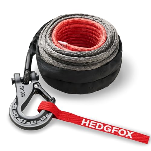 HEDGFOX 3/8 inch x 80 feet Synthetic Winch Rope Extension 24,000 Lbs for Off Road Vehicle SUV Gray with Heavy-Duty Hook and Safety Strap
