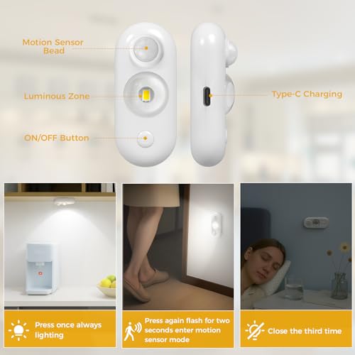 Image of LED Motion Sensor Puck Lights, Small Rechargeable Under Cabinet Light, Dimmable Daylight White Closet Lights, Wireless Under Cabinet Lighting for Drawer, Kitchen (4 Pack)
