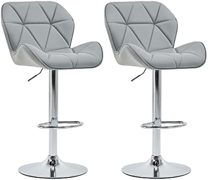 Shell Back Adjustable Bar Stools Set of 2, Modern PU Leather Kitchen Counter Height Barstools Breakfast Barstools with Footrest Upholstered Island Chairs for Kitchen Counter/Home Bar, Grey