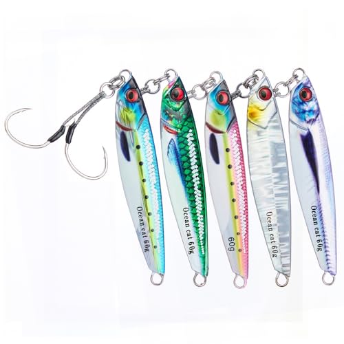 OCEAN CAT 1 PC Slow Fall Pitch Lead Metal Flat Fishing Jigs Lures Sinking Vertical Jigging Bait with Butterfly Hook for Saltwater Fishing (5 Pcs Combo, 60g)