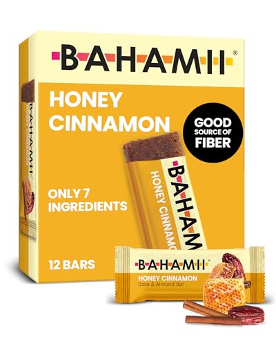 Bahamii Honey Cinnamon Date and Energy Bars, Healthy Snacks and Breakfast Bars for Kids and Adults, Paleo, Gluten Free, High Fiber, Dairy Free, Plant Based, Only 7 Ingredients, 12 Pack