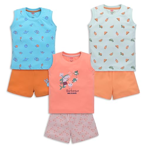 Image of LuvLap Baby Boys Regular Fit 100% Cotton Sleeveless Boys T-Shirt & Shorts Set Pack of 3