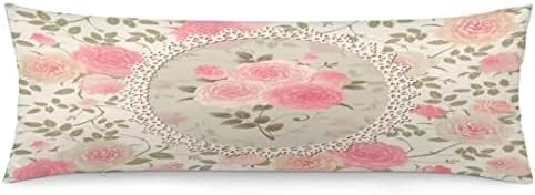Body Pillow Cover Vintage Floral Shabby Chic Roses Lace Frame Pink Flowers Bouquets with Green Leaves Long Pillow Case Protector with Zipper Decorative Large Pillowcases for Couch,Bedroom 20"x54"