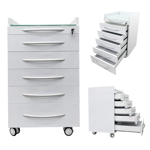 BREVELTION 5 Drawer Mobile Office File Storage Cabinet, Stainless Steel Dental Medical Assistant Cabinet Utility Cart, Glass Countertop with Lock and Wheels for Office Hospital, White
