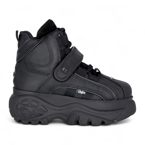 Infinity Leather Zapatillas deportivas de moda para mujer Buffalo 1348 14 2.0, de piel negra, con plataforma gruesa y caña alta.