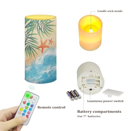 Image of Poceacles Beach Starfish Palm Tree Flickering Flameless LED Battery Candles Pillar Candles Tealight with 18-Key Timer Remote with Colorful Light Safe for Indoor Outdoor Home Coastal Decoration