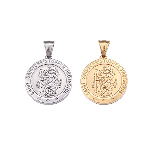 Mystart 2 Pieces Stainless Steel 25mm Saint Christopher Religious Medal Round Tag Necklace Pendants Charms