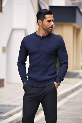 COOFANDY Pull Henley En Tricot à Manches Longues Pour Homme, Gris Foncé