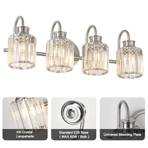 Image of Brushed Nickel Bathroom Light Fixtures with K9 Crystal Lampshade Bathroom Lighting Over Mirror Vanity Lights for Living Room,Bedroom,Restroom,Hallway 4 Lights