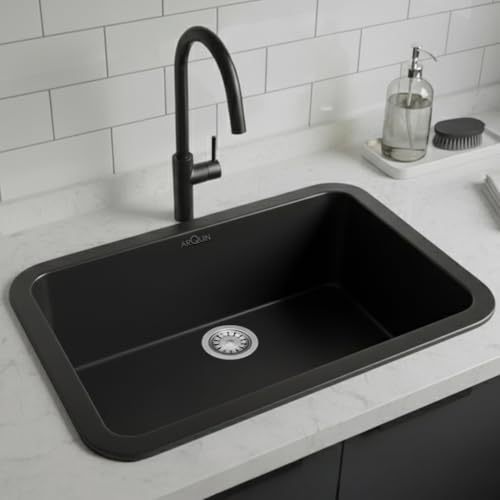 Image of ARQUIN Quartz Sink 24x18x9 Inch Black Round Corner | Single Bowl Sink | Durable & Scratch-Resistant | Undermount /Topmount Including Coupling, Waste Pipe & Fruit Washing Basket