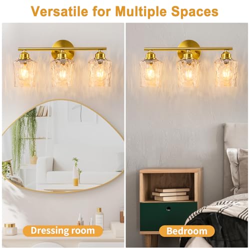 WILON Modern Bathroom Vanity Light, 3-Light Gold Vanity Lighting with Hammered Glass Shade, Corrosion-Resistant for Bathroom Vanity, Bedroom, Hallway by WILON - Used condition - Image 7