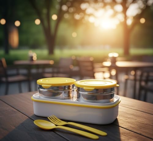 Image of Premium Insulated Lunch Box Set with 2 Steel Containers 280ml, Plastic Container 450ml, Cutlery, Blue Plaid Pattern Thermal Bag, Office Tiffin Box