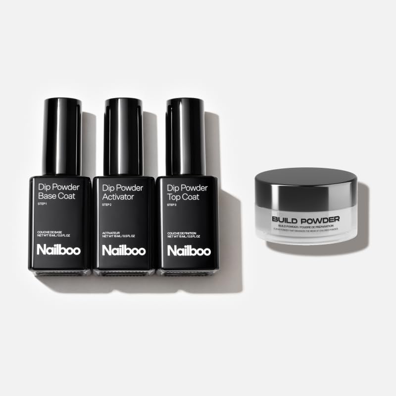 Nailboo Dip Powder Nail Kit Bundle – Base Coat, Activator, Top Coat & Build Powder, New Premium Formula, Strengthens Nails, Locks Color, Seals Shine,