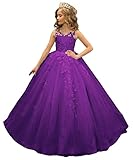 Fashionbride Girl's Pageant Dress Long Tulle Flower Girl Dresses Purple Sleeveless Appliques Kids Ball Gown Prom for Wedding Party